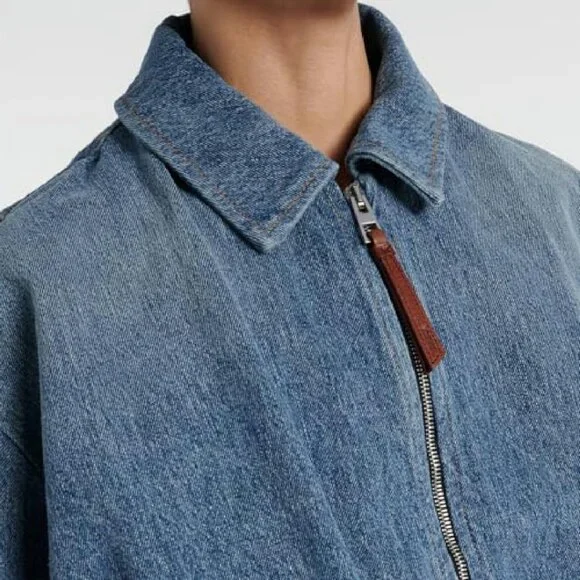 Denim Bomber Jacket Zip Up Draped Loose Fit Collared Casual Lightweight - Picture 5 of 8